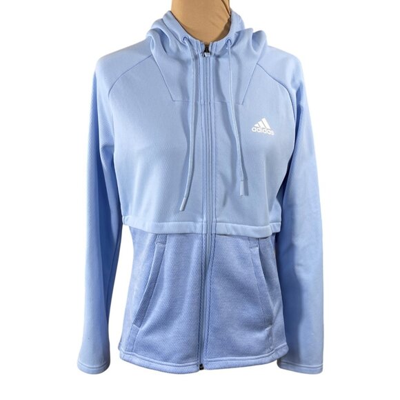 Adidas Full Zip Jacket Baby Blue Athletic Hood Size S Small (READ) Women's - Picture 1 of 11